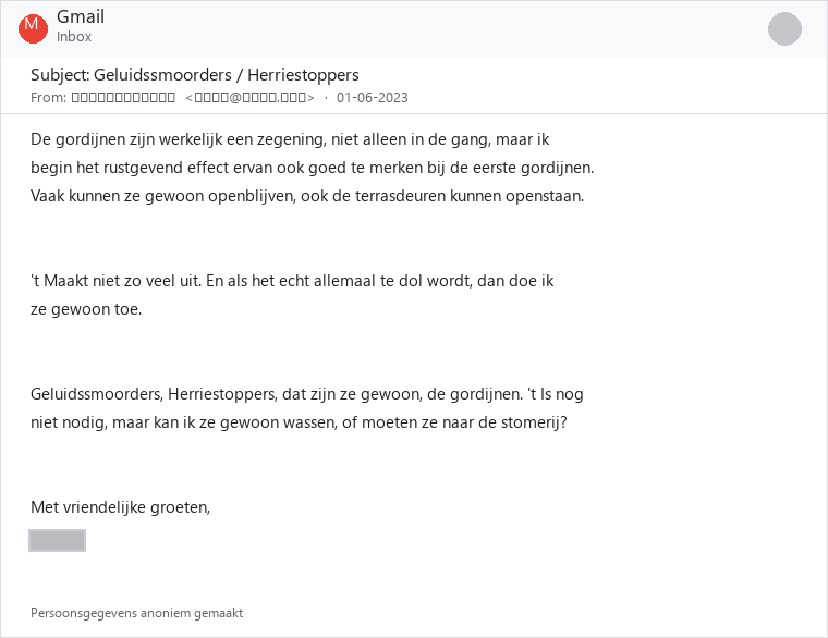 Geanonimiseerde klantreview SoundKiller